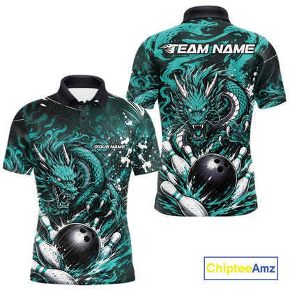 Teal and black dragon-themed polo shirt with 'Team Name' and 'Your Name' text on a white background.