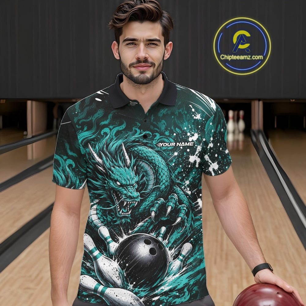 Man wearing a polo shirt with a dragon design on a bowling alley.