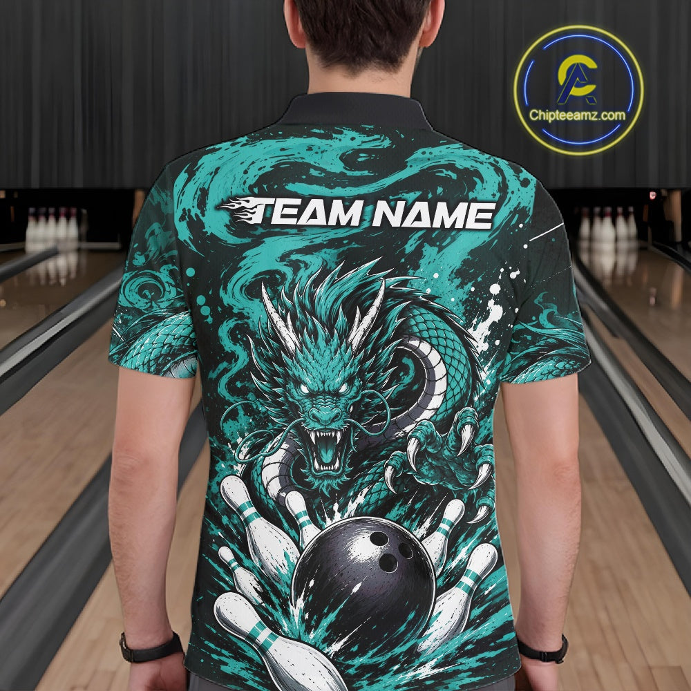 Person wearing a bowling-themed shirt with a dragon design in a bowling alley.