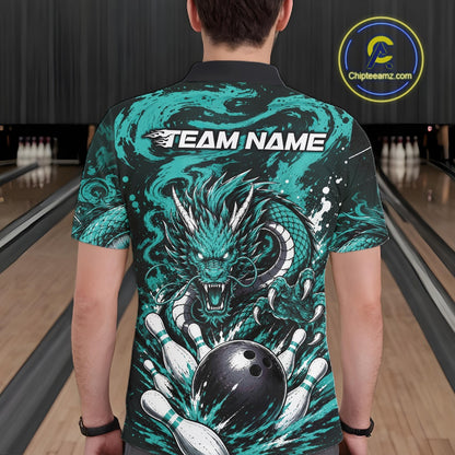 Person wearing a bowling-themed shirt with a dragon design in a bowling alley.