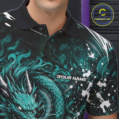 Teal dragon design on a black shirt with 'Your Name' text, brand logo visible