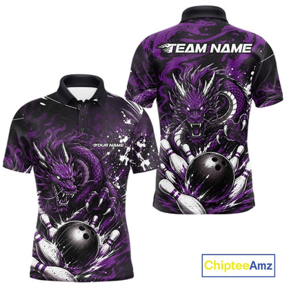 Purple and black dragon-themed polo shirt with 'Team Name' and 'Your Name' text on a white background.