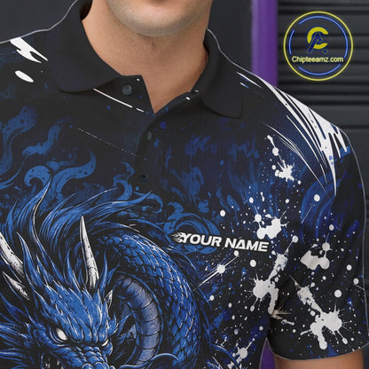 Black polo shirt with blue dragon design and 'Your Name' text, brand logo visible.
