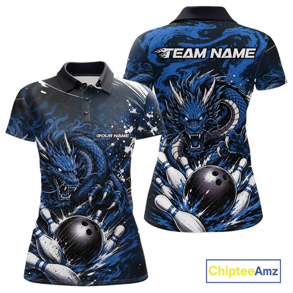 Blue dragon-themed polo shirt with customizable text on a white background