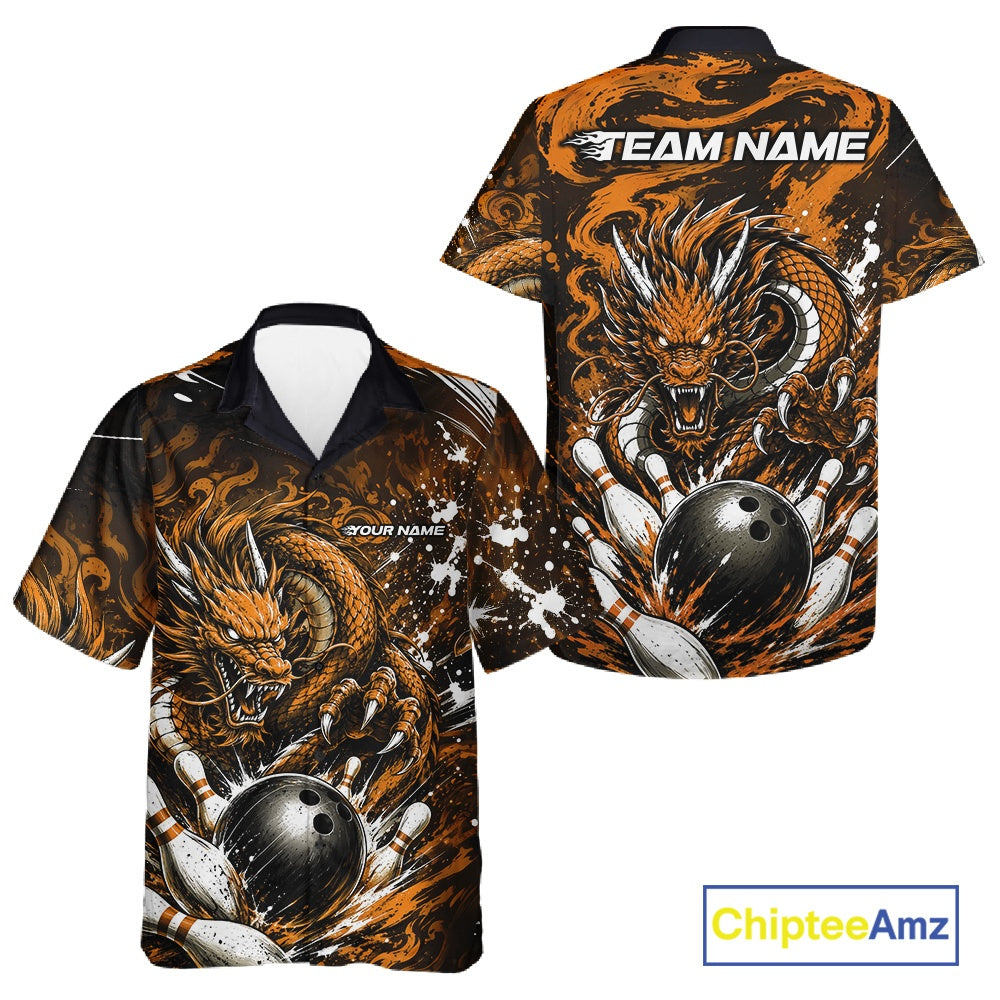 Bowling shirt with dragon design and 'Team Name' text on a white background