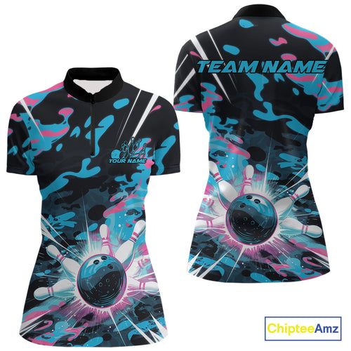 Custom Blue And Pink Camo Bowling Women Quarter-Zip Shirt, Camouflage Bowling Team Outfit IPHW9832