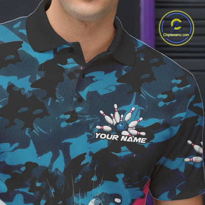 Custom Blue And Pink Camo Bowling Polo Shirts For Men, Camouflage Bowling Team Outfit IPHW9833