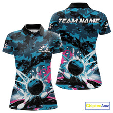 Load image into Gallery viewer, Custom Blue And Pink Camo Bowling Polo Shirts For Women, Camouflage Bowling Team Outfit IPHW9833