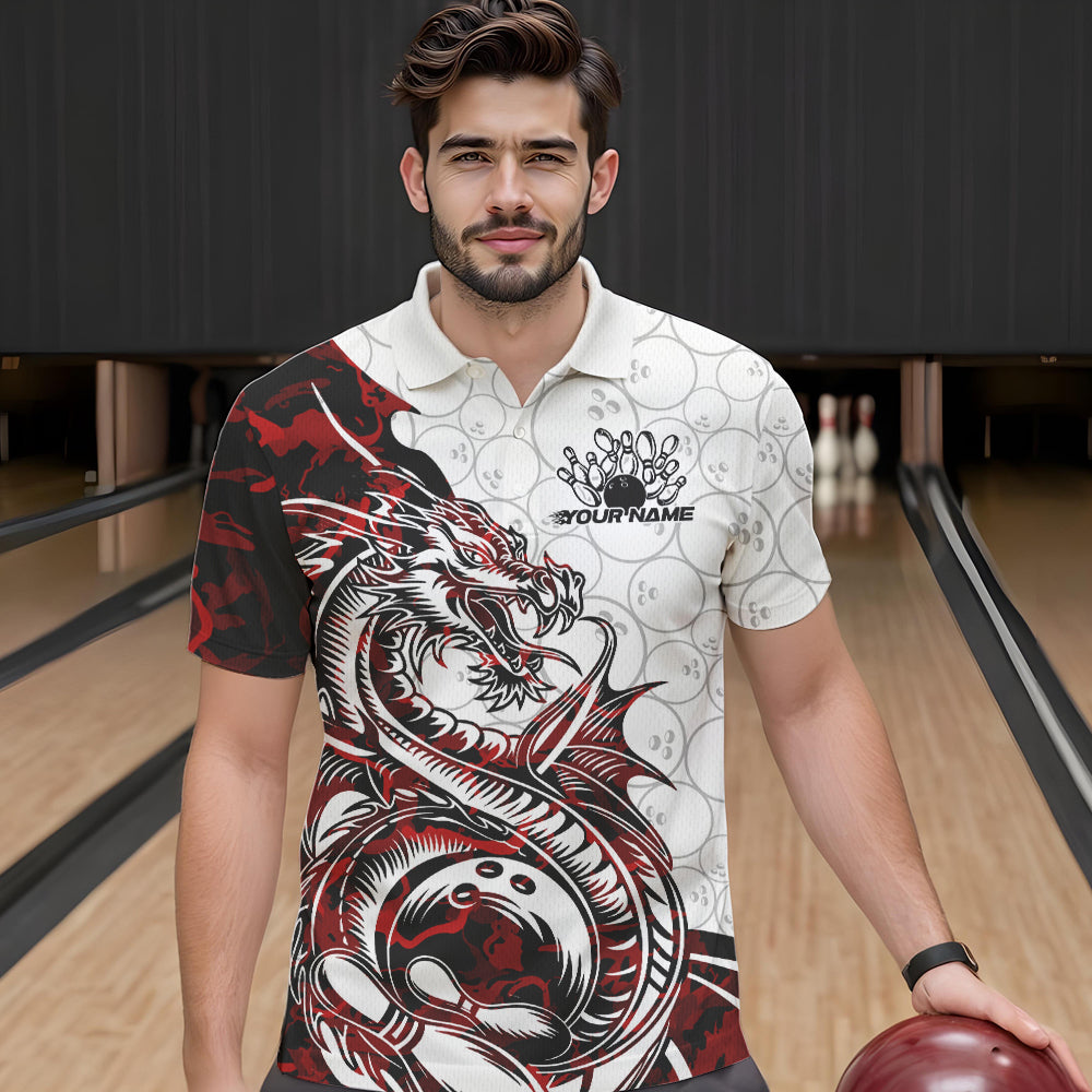 Custom Red Camo Dragon Bowling Tattoo Men Polo Shirts, Dragon Bowling League Team Shirt IPHW8883