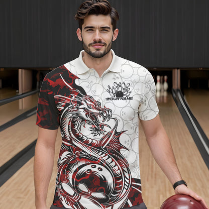 Custom Red Camo Dragon Bowling Tattoo Men Polo Shirts, Dragon Bowling League Team Shirt IPHW8883