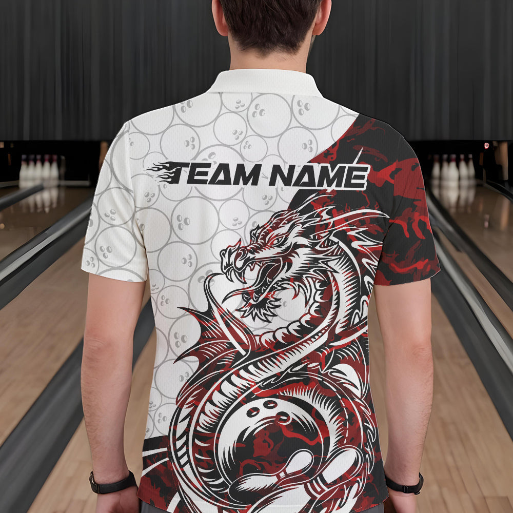 Custom Red Camo Dragon Bowling Tattoo Men Polo Shirts, Dragon Bowling League Team Shirt IPHW8883