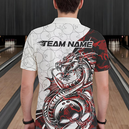Custom Red Camo Dragon Bowling Tattoo Men Polo Shirts, Dragon Bowling League Team Shirt IPHW8883