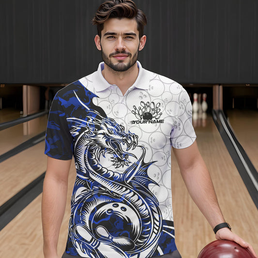 Custom Blue Camo Dragon Bowling Tattoo Men Polo Shirts, Dragon Bowling League Team Shirt IPHW8884