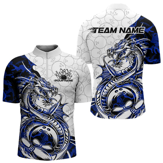 Custom Blue Camo Dragon Bowling Tattoo Men Quarter-Zip Shirts, Dragon Bowling League Team Shirt IPHW8884