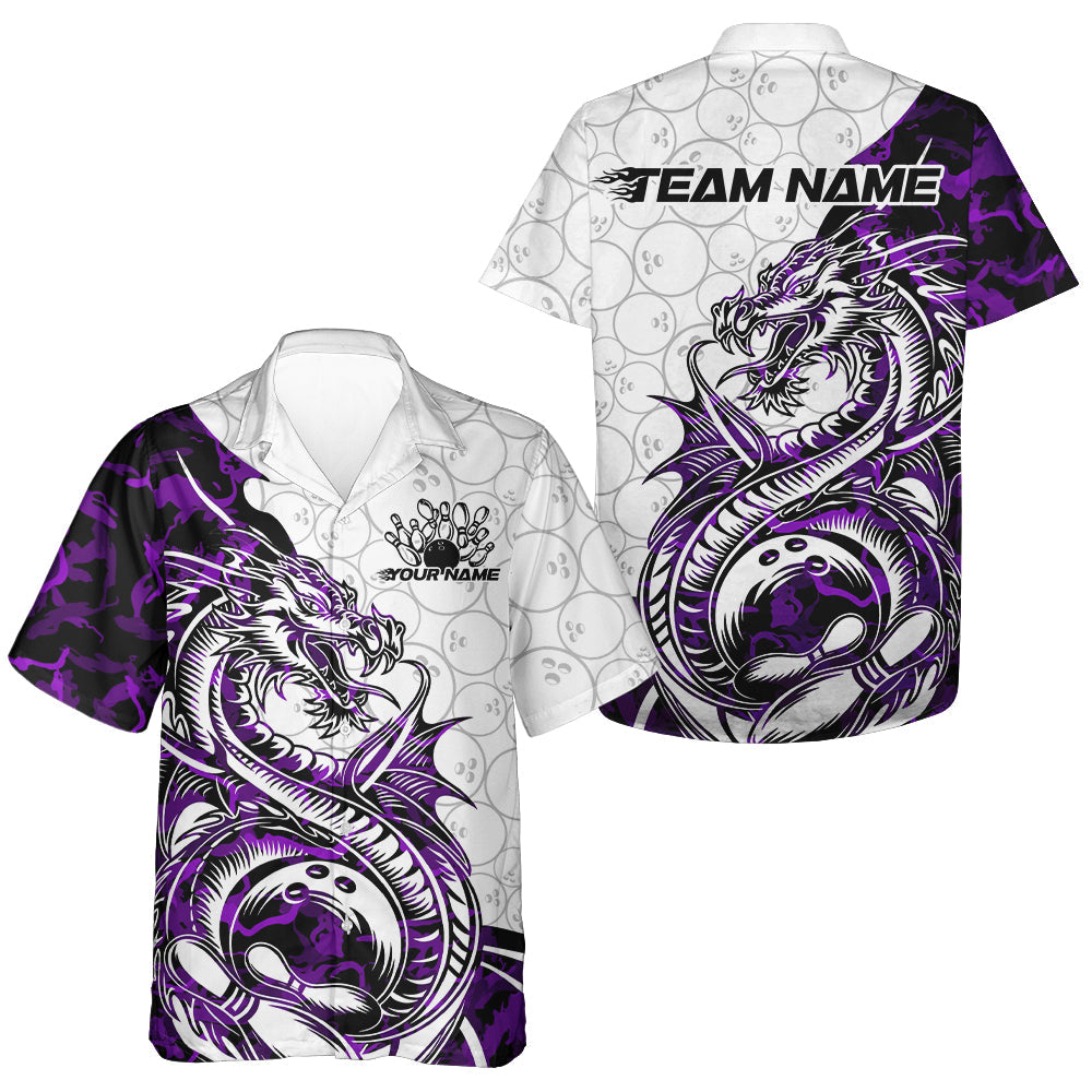 Custom Purple Camo Dragon Bowling Tattoo Men And Women Hawaiian Shirts, Dragon Bowling League Team Shirt IPHW8885