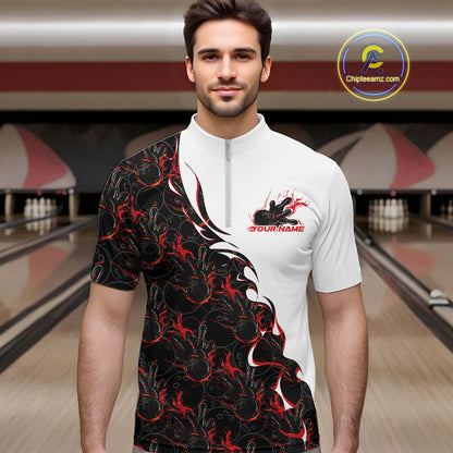 Male model in a bowling lane wearing white quarter zip shirt, front view featuring red and black flame bowling pattern with energetic sports artwork