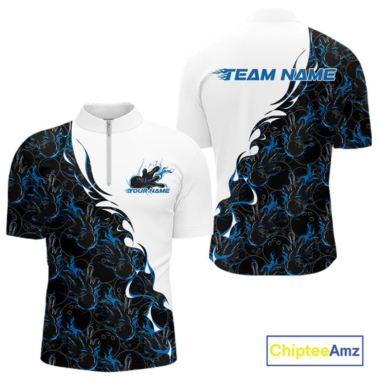 Mens quarter zip bowling shirt mockup featuring white shirt with blue and black flame bowling pattern in a clean front and back presentation