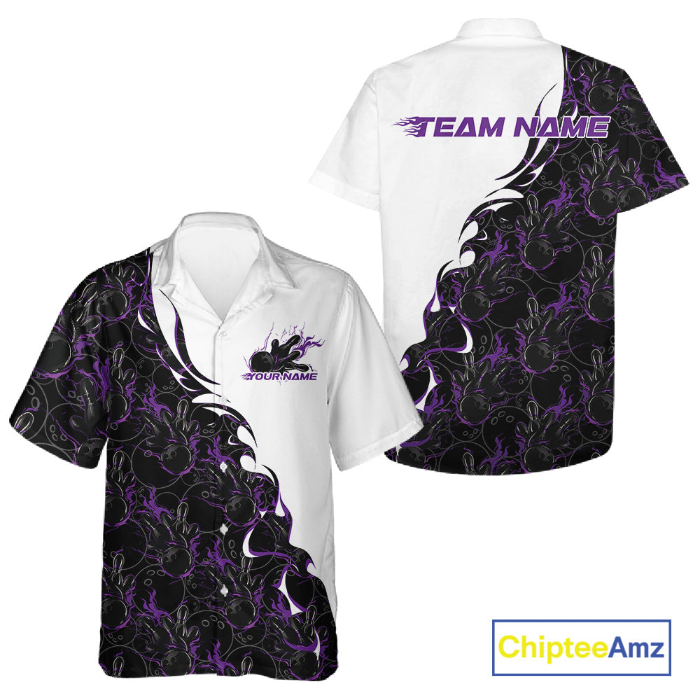 Front and back view of a white button-up bowling shirt mockup featuring purple and black flame bowling pattern with energetic sportswear styling.