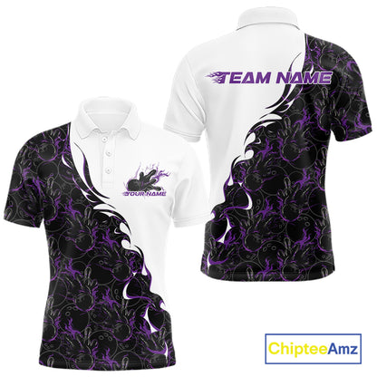 Front and back view of a white mens bowling polo shirt mockup featuring purple and black flame bowling pattern with bold sporty visuals.
