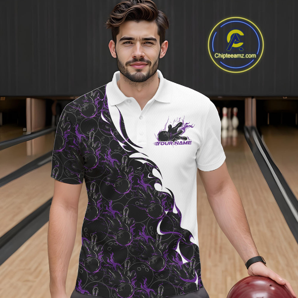 Front view of a male model in a bowling lane wearing a white polo shirt with purple and black flame bowling pattern and energetic bowling action graphics.
