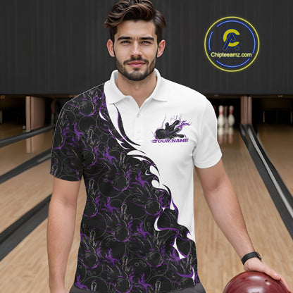 Front view of a male model in a bowling lane wearing a white polo shirt with purple and black flame bowling pattern and energetic bowling action graphics.