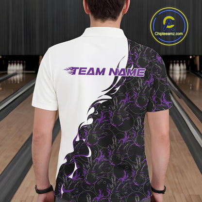 Back view of a male model in a bowling lane wearing a white polo shirt featuring purple and black flame bowling pattern with clean athletic styling.