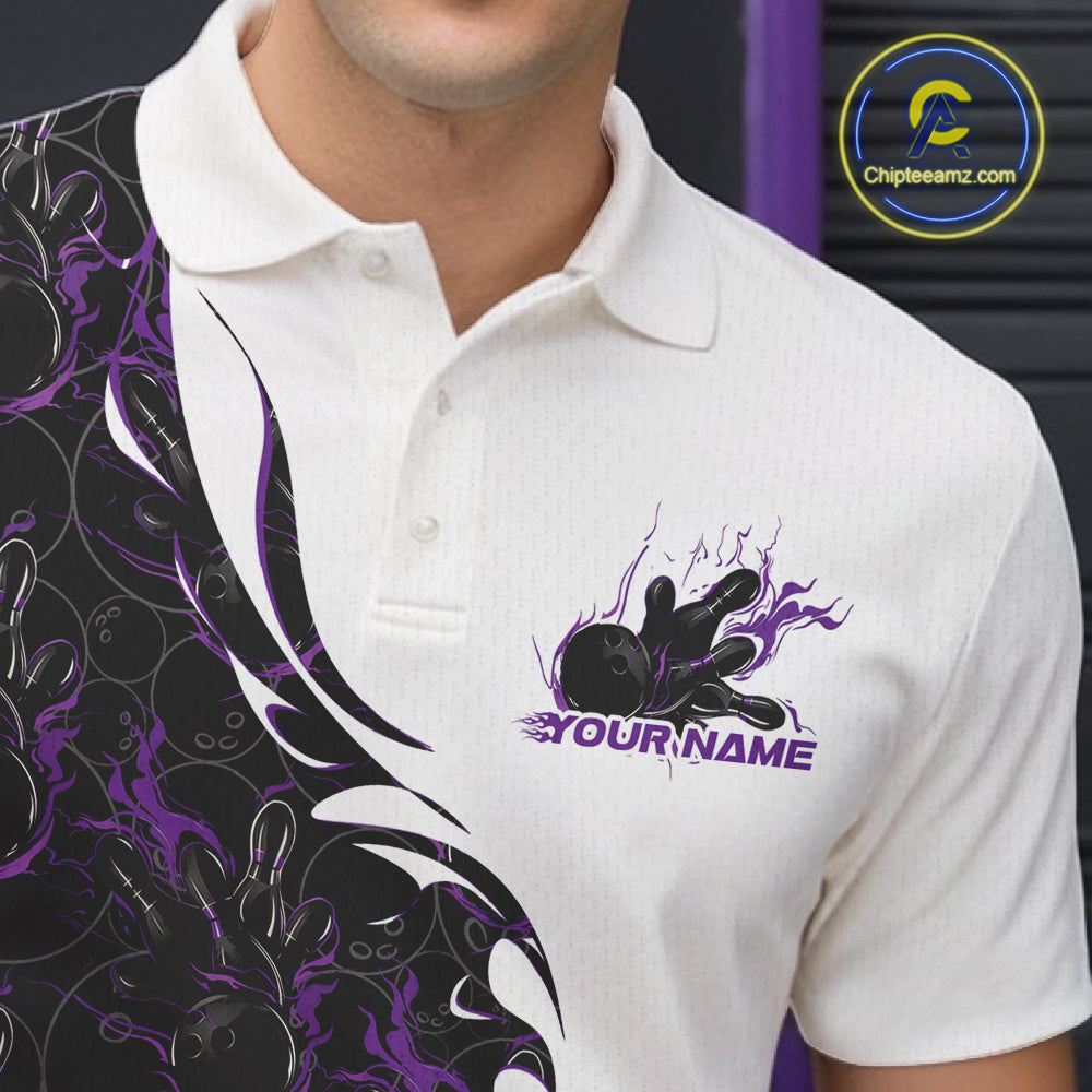 Close-up view of the left chest of a white bowling polo shirt showing purple and black flame bowling pattern with detailed sporty graphics.