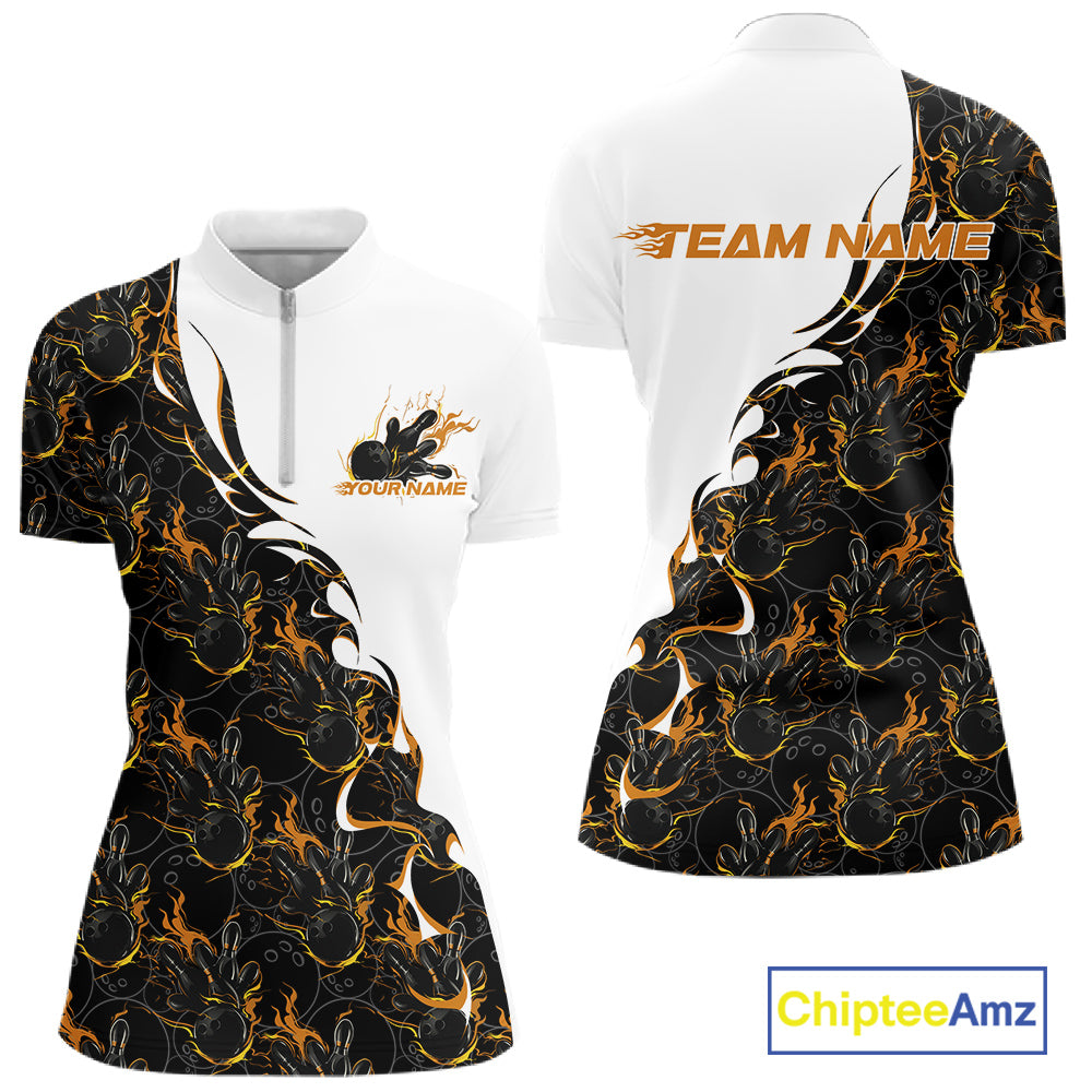 Front and back view of a womens white bowling quarter-zip shirt mockup featuring yellow and black flame bowling pattern with dynamic sporty graphics.