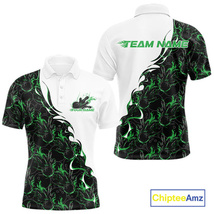 Front and back view of a white mens bowling polo shirt mockup featuring green and black flame bowling pattern with clean sporty graphics.