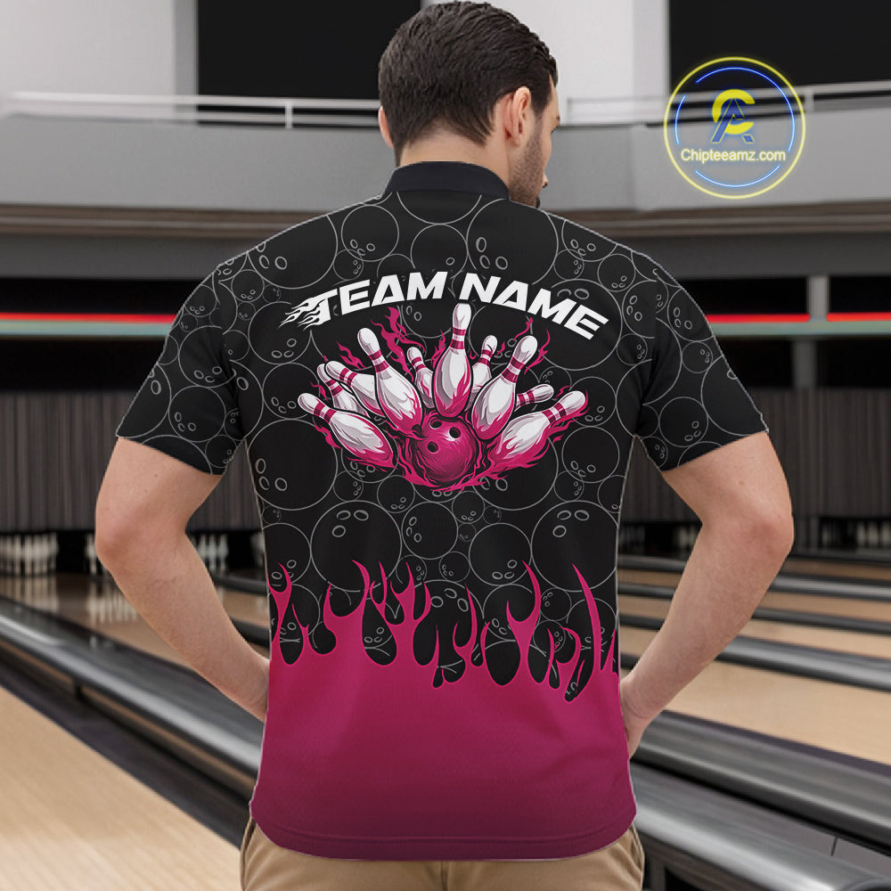 Male model in a bowling lane wearing a black quarter zip shirt, front view showcasing bowling ball pattern with pink flames rising and dynamic bowling action artwork