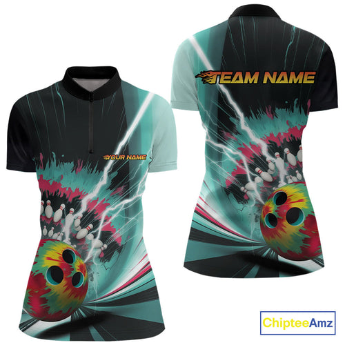 Custom Colorful Tie Dye Bowling Quarter-Zip Shirts For Women, Rainbow Bowlers Outfit IPHW9117