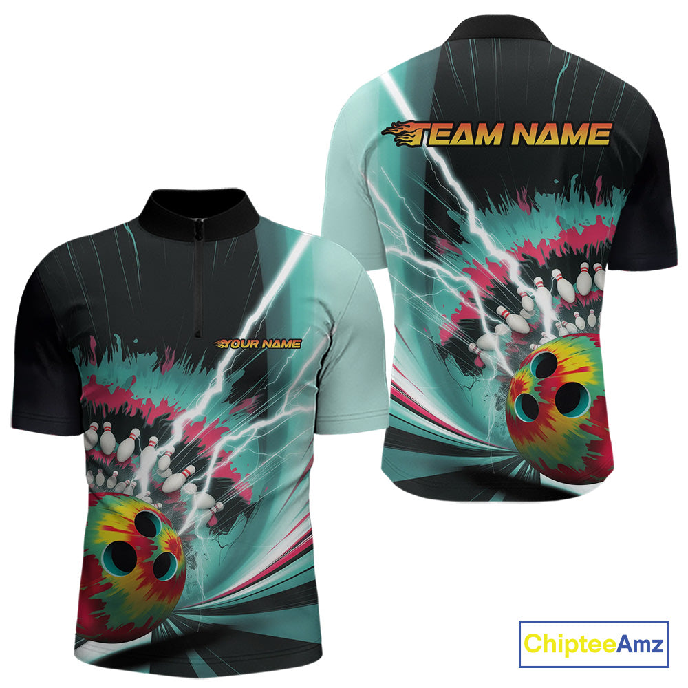 Custom Colorful Tie Dye Bowling Quarter-Zip Shirts For Men, Rainbow Bowlers Outfit IPHW9117