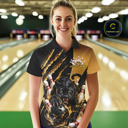 Custom Black And Gold Claw Marks Black Panther Women Bowling Polo Team Shirt IPHW11631