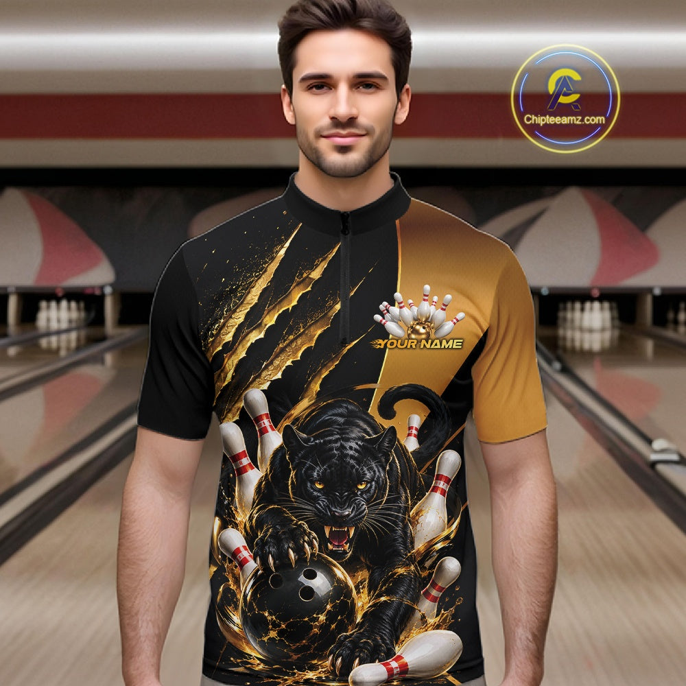 Custom Black And Gold Claw Marks Black Panther Men Bowling Quarter Zip Team Shirt IPHW11631