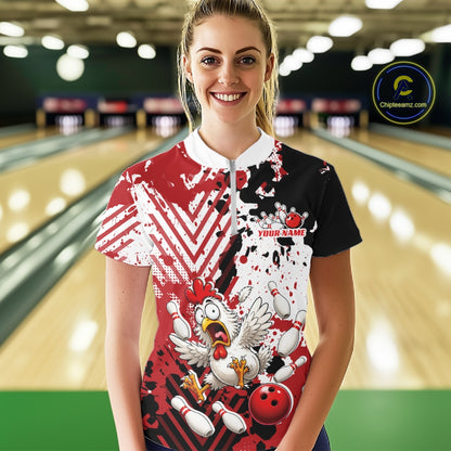 Custom Funny Chicken Bowling Team Shirt For Women, Red Splatter Chicken Bowling Jerseys IPHW11634