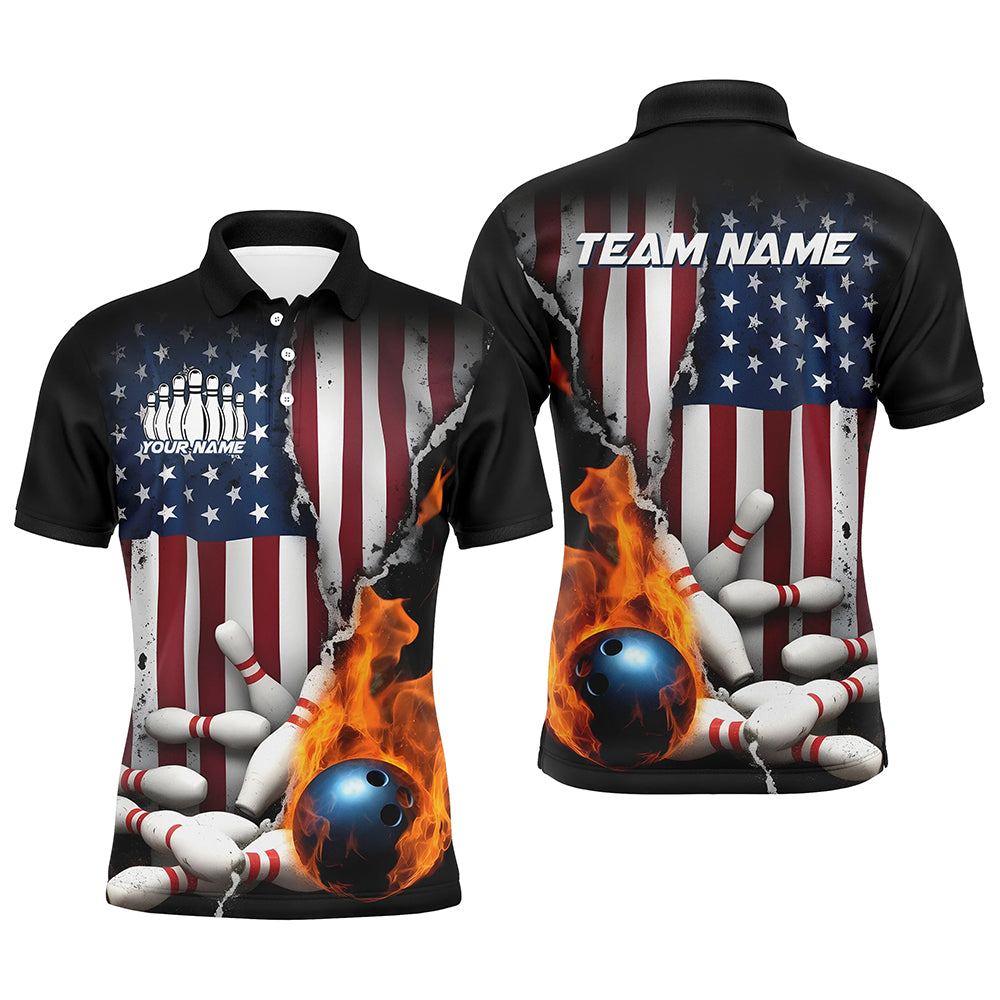 Flaming Bowling Ball Custom Patriotic Bowling Team Shirts For Men, US Flag Bowling League Shirt IPHW7725