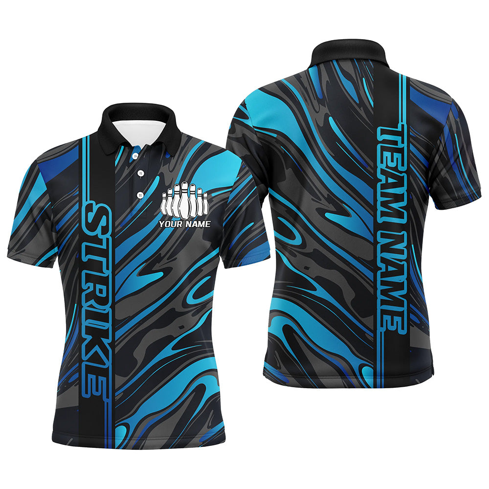 Custom Blue Camo Strike Bowling Polo Shirts For Men, Striking Bowling Team Uniform IPHW8141