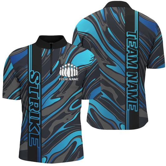 Custom Blue Camo Strike Bowling Quarter-Zip Shirts For Men, Striking Bowling Team Uniform IPHW8141
