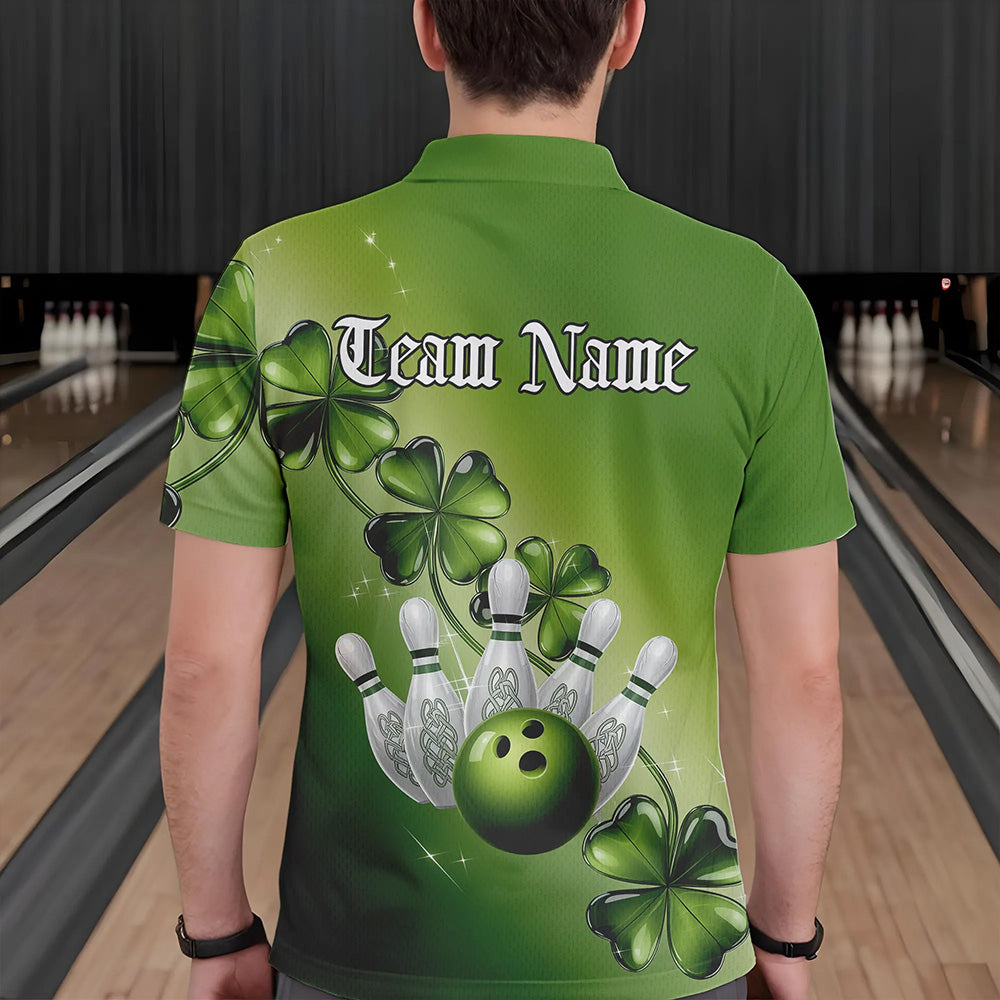 Custom Green Shamprock Saint Patricks Bowling Polo Shirts For Men, Lucky Bowling Team Shirt IPHW8578