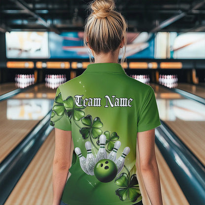 Custom Green Shamprock Saint Patricks Bowling Womens Polo Shirts, Lucky Bowling Team Shirt IPHW8578