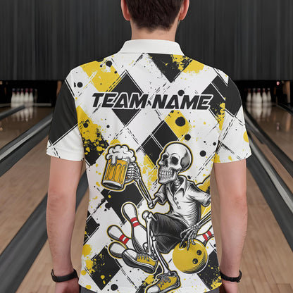 Custom Yellow Argyle Pattern Funny Skeleton Bowling And Beer Men Polo Shirts, Team Outfit IPHW8892