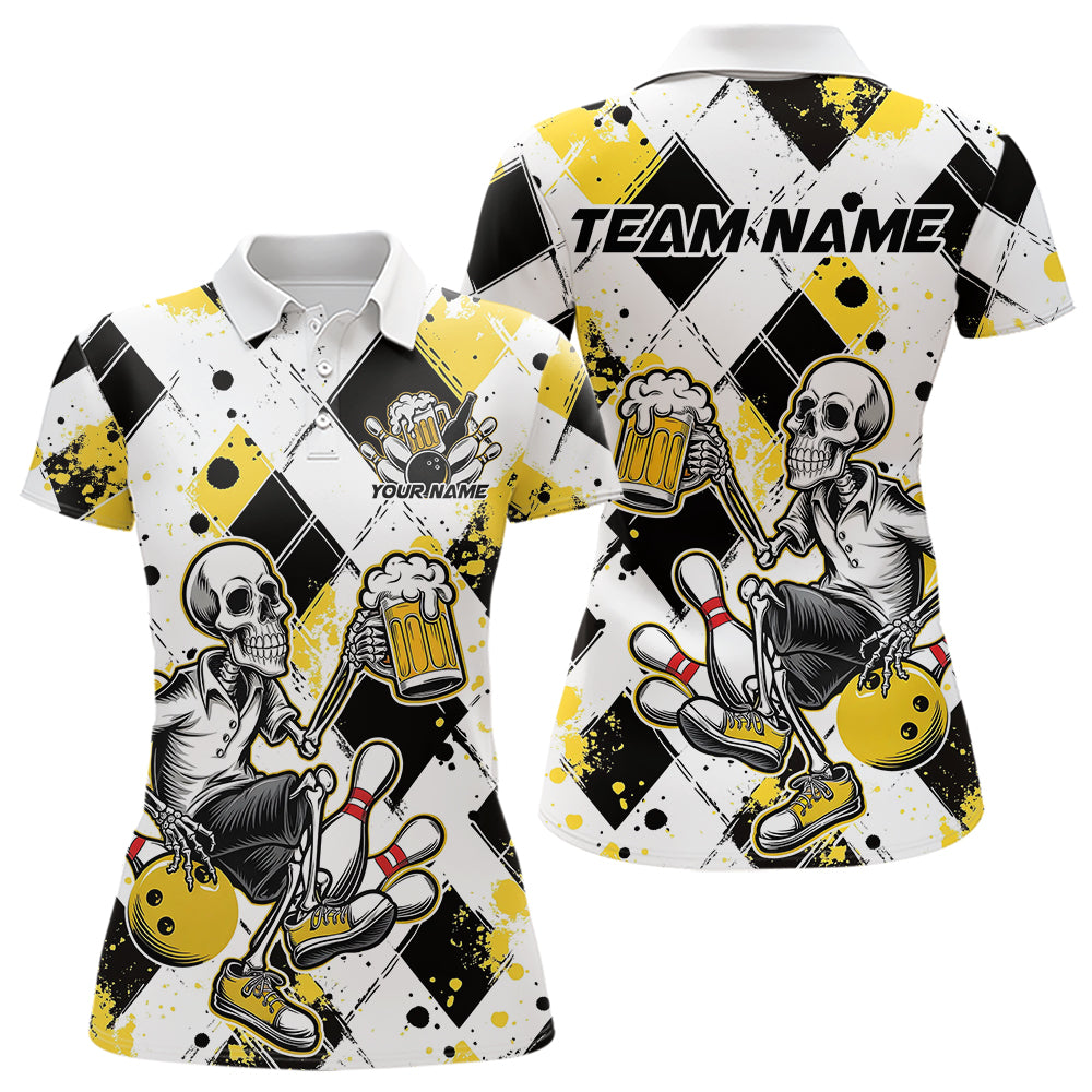 Custom Yellow Argyle Pattern Funny Skeleton Bowling And Beer Women Polo Shirts, Team Outfit IPHW8892