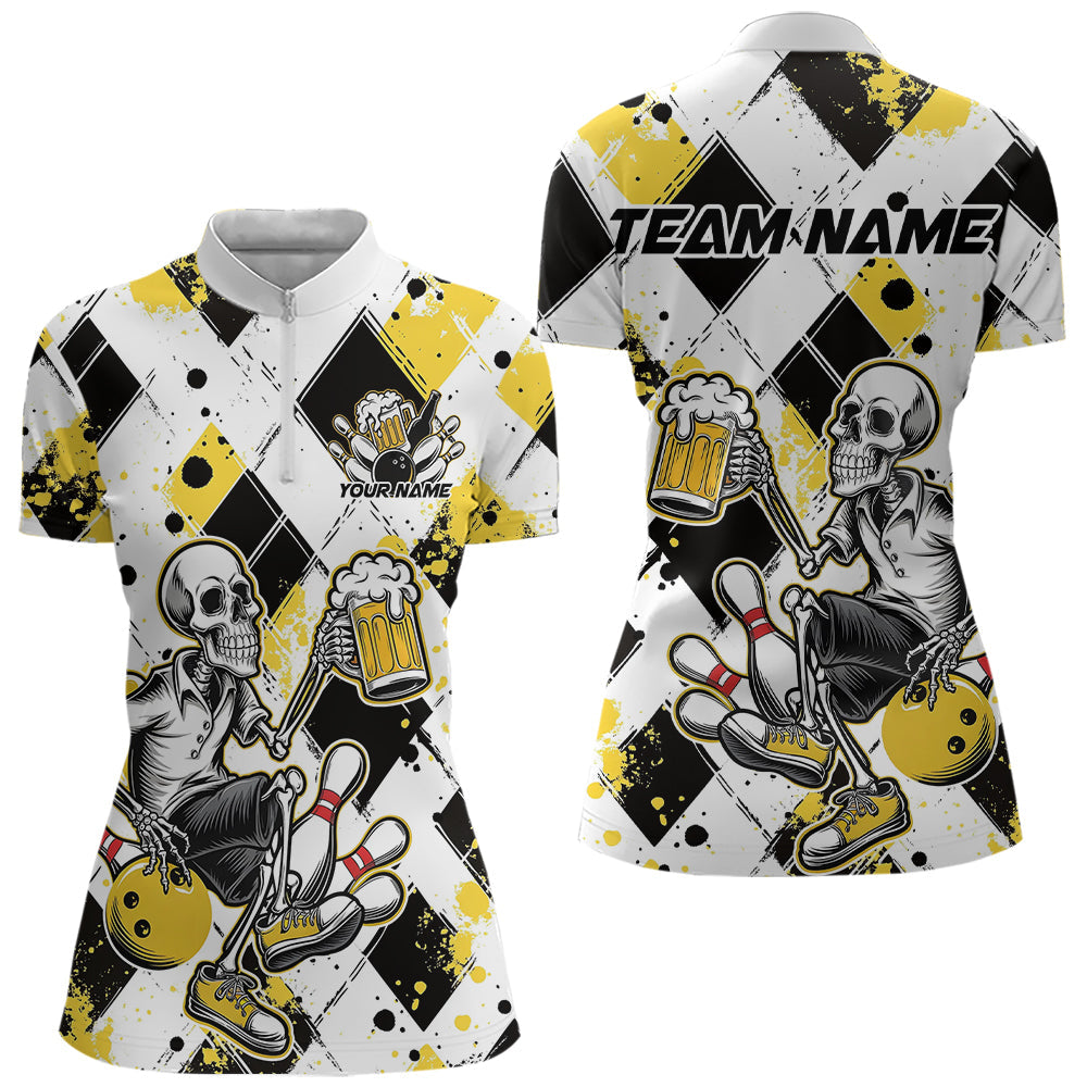 Custom Yellow Argyle Pattern Funny Skeleton Bowling And Beer Women Quarter-Zip Shirts IPHW8892
