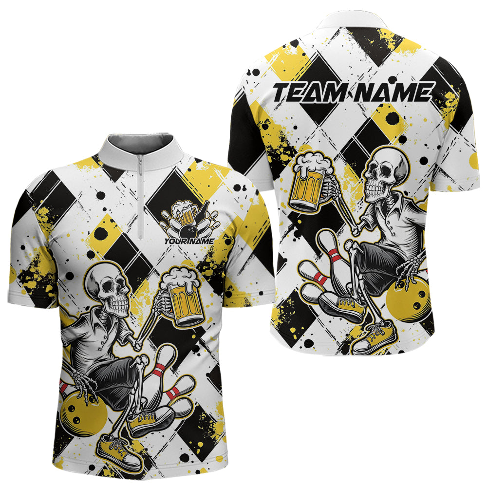 Custom Yellow Argyle Pattern Funny Skeleton Bowling And Beer Men Quarter-Zip Shirts, Team Outfit IPHW8892