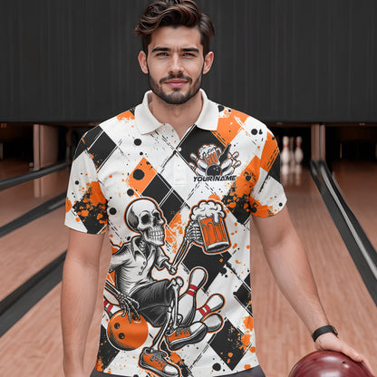 Custom Orange Argyle Pattern Funny Skeleton Bowling And Beer Men Polo Shirts, Team Outfit IPHW8893