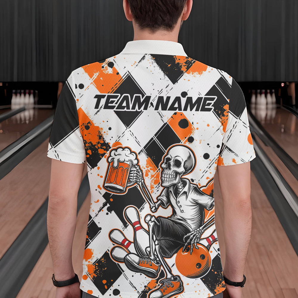 Custom Orange Argyle Pattern Funny Skeleton Bowling And Beer Men Polo Shirts, Team Outfit IPHW8893
