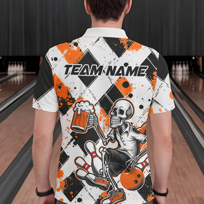 Custom Orange Argyle Pattern Funny Skeleton Bowling And Beer Men Polo Shirts, Team Outfit IPHW8893