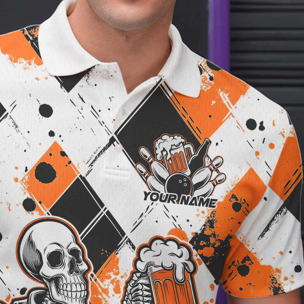 Custom Orange Argyle Pattern Funny Skeleton Bowling And Beer Men Polo Shirts, Team Outfit IPHW8893