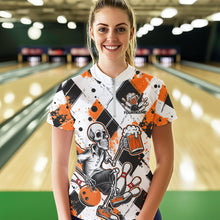 Load image into Gallery viewer, Custom Orange Argyle Pattern Funny Skeleton Bowling And Beer Women Quarter-Zip Shirts IPHW8893