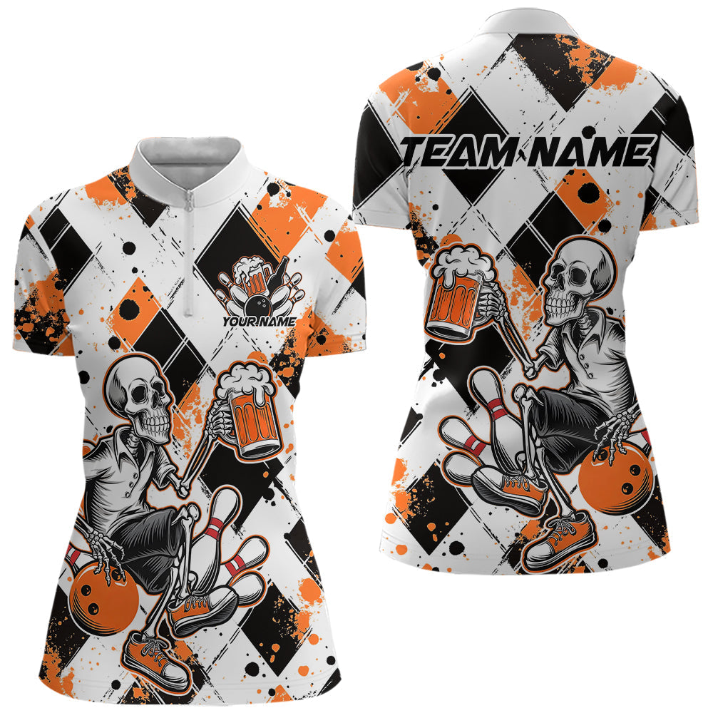Custom Orange Argyle Pattern Funny Skeleton Bowling And Beer Women Quarter-Zip Shirts IPHW8893
